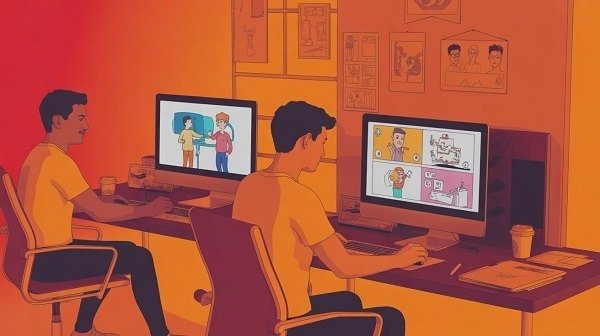 An animated representation of experts working on animation